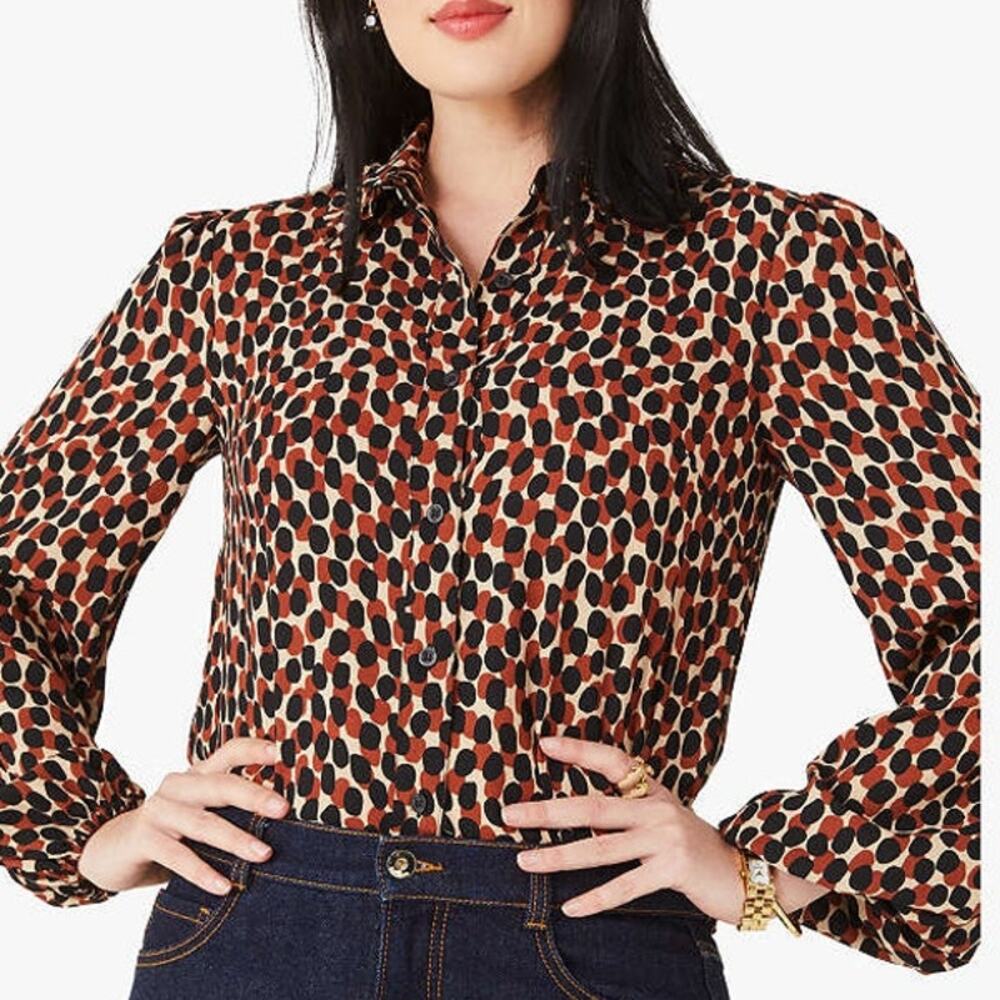 Kate Spade Dotty Leopard Ruffle Collar Shirt Womens M Crepe de Chine Blouse Chic